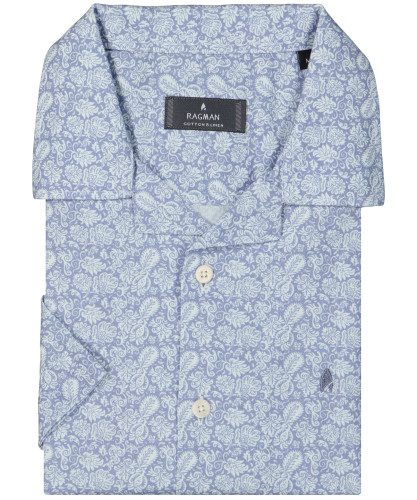 Shirt short sleeve with floral design, cotton-linen Denim-787