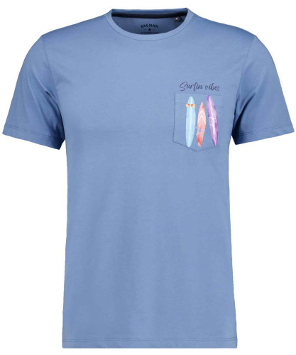 T-Shirt mit Print auf Brusttasche Mittelblau-726